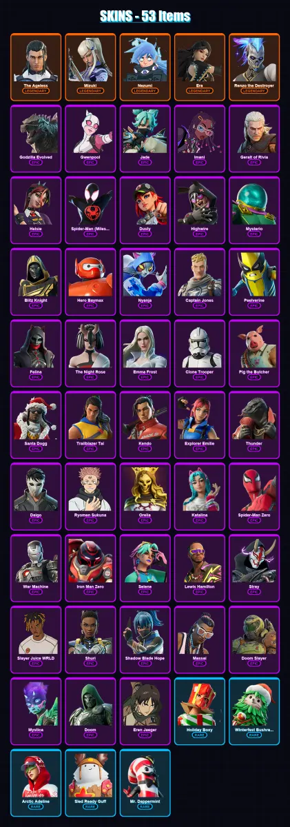 [PC/PSN] | The Ageless | Mizuki | Nezumi | Era | Renzo the Destroyer | 53 skin | 95 pickaxe | 66 emote | 72 glider | Lv1084