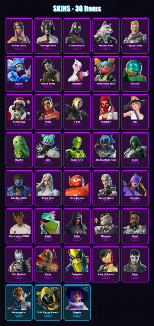 [PC/PSN] | Keisha Cross | The Night Rose | Chaos Director | Fletcher Kane | Captain Jones | 38 skin | 58 pickaxe | 39 emote | 35 glider | Lv643