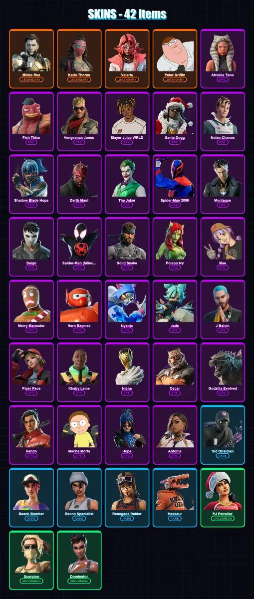 [PC/XBOX/PSN] | Midas Rex | Kado Thorne | Valeria | Peter Griffin | Ahsoka Tano | 42 skin | 55 pickaxe | 45 emote | 36 glider | Lv542