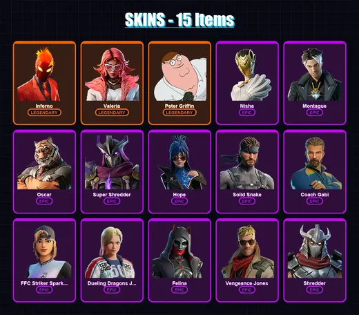 [PC/XBOX/PSN] | Inferno | Valeria | Peter Griffin | Nisha | Montague | 15 skin | 34 pickaxe | 22 emote | 24 glider | Lv365 — Game account