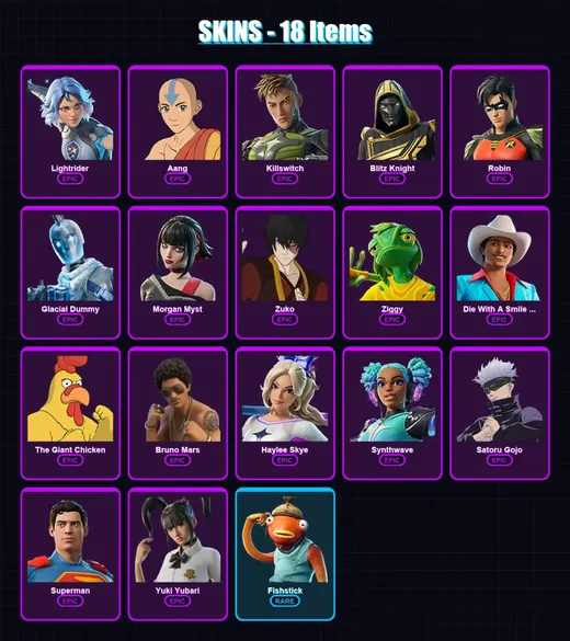 [PC/XBOX/PSN] | Lightrider | Aang | Killswitch | Blitz Knight | Robin | 18 skin | 53 pickaxe | 30 emote | 38 glider | Lv350