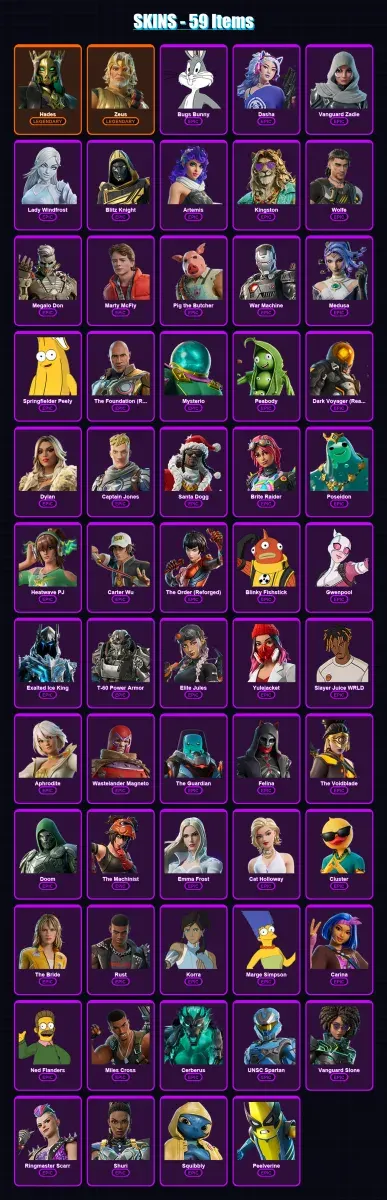 [PS4/PS5/XBOX/PC] | Hades | Zeus | Bugs Bunny | Dasha | Vanguard Zadie | 59 skin | 136 pickaxe | 87 emote | 97 glider | Lv1635 — Game account