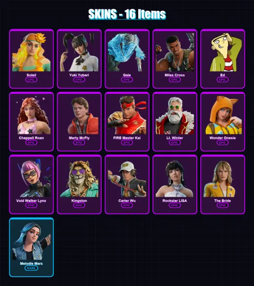[PC/PSN] | Soleil | Yuki Yubari | Gale | Miles Cross | Ed | 16 skin | 32 pickaxe | 17 emote | 23 glider | Lv182