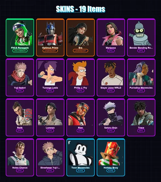 [SWITCH/XBOX/PSN/PC] | FNCS Renegade | Optimus Prime | Era | Mariposa | Bender Bending Rodríguez | 19 skin | 19 pickaxe | 20 emote | 16 glider | Lv2