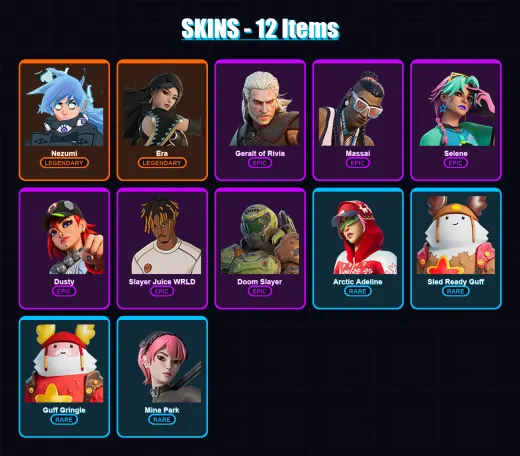 [PC] | Nezumi | Era | Geralt of Rivia | Massai | Selene | 12 skin | 21 pickaxe | 13 emote | 22 glider | Lv164 — Game account