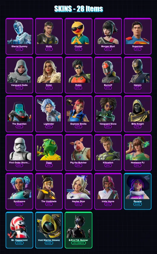 [PC/PSN] | Glacial Dummy | Wolfe | Cluster | Morgan Myst | Superman | 28 skin | 84 pickaxe | 43 emote | 57 glider | Lv925