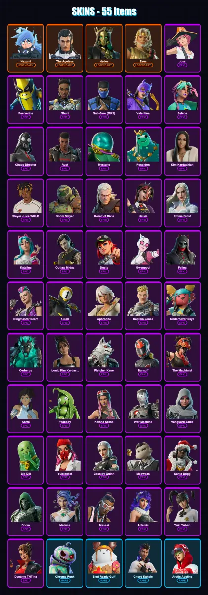 [PC/XBOX] | Nezumi | The Ageless | Hades | Zeus | Joss | 55 skin | 106 pickaxe | 67 emote | 79 glider | Lv1038