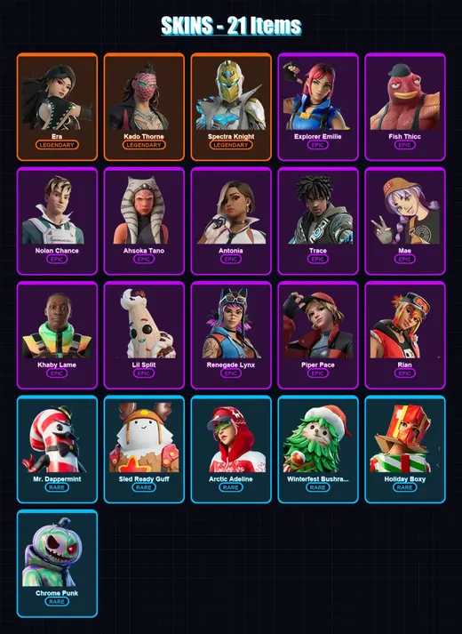 [PS4/PS5/XBOX/PC] | Era | Kado Thorne | Spectra Knight | Explorer Emilie | Fish Thicc | 21 skin | 32 pickaxe | 21 emote | 37 glider | Lv661