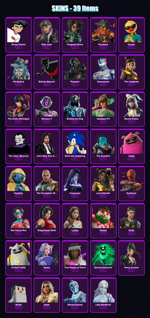 [PC] | Danny Fenton | Elite Jules | Vanguard Slone | Pyreheart | Cluster | 39 skin | 65 pickaxe | 36 emote | 45 glider | Lv681