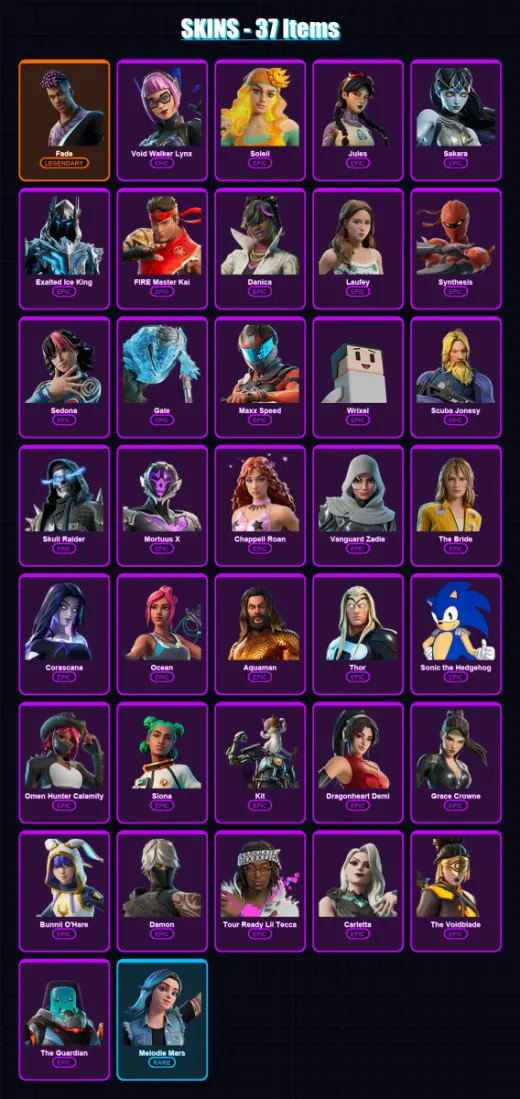 [PC/PSN] | Fade | Void Walker Lynx | Soleil | Jules | Sakara | 37 skin | 36 pickaxe | 14 emote | 27 glider | Lv255