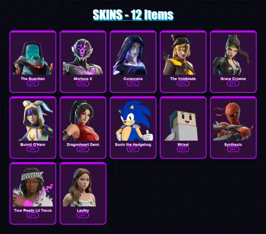[PC/PSN] | The Guardian | Mortuus X | Corascana | The Voidblade | Grace Crowne | 12 skin | 14 pickaxe | 9 emote | 9 glider | Lv220