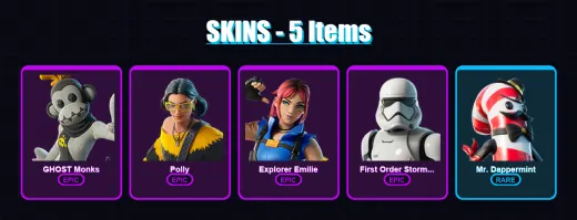 [PC/PSN] | GHOST Monks | Polly | Explorer Emilie | First Order Stormtrooper | Mr. Dappermint | 5 skin | 18 pickaxe | 9 emote | 15 glider | Lv122