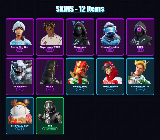 [SWITCH/XBOX/PSN/PC] | Frozen Nog Ops | Slayer Juice WRLD | NeuraLynx | Frozen Fishstick | CRZ-8 | 12 skin | 24 pickaxe | 27 emote | 21 glider | Lv6