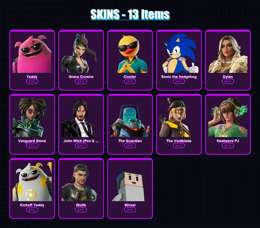 [PC/XBOX/PSN] | Yeddy | Grace Crowne | Cluster | Sonic the Hedgehog | Dylan | 13 skin | 16 pickaxe | 12 emote | 15 glider | Lv117 — Game account