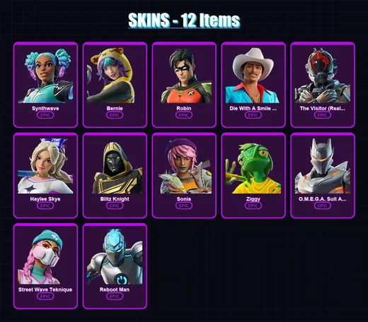 [PC/XBOX] | Synthwave | Bernie | Robin | Die With A Smile Bruno | The Visitor (Reality Unknown) | 12 skin | 25 pickaxe | 16 emote | 18 glider | Lv11