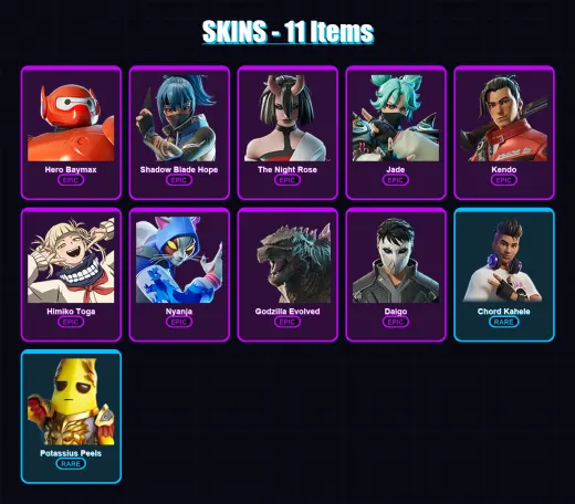 [PC/XBOX/PSN] | Hero Baymax | Shadow Blade Hope | The Night Rose | Jade | Kendo | 11 skin | 36 pickaxe | 22 emote | 27 glider | Lv289