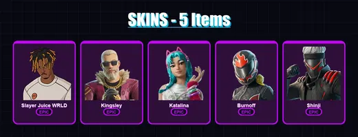 [PS4/PS5/XBOX/PC] | Slayer Juice WRLD | Kingsley | Katalina | Burnoff | Shinji | 5 skin | 16 pickaxe | 4 emote | 10 glider | Lv58