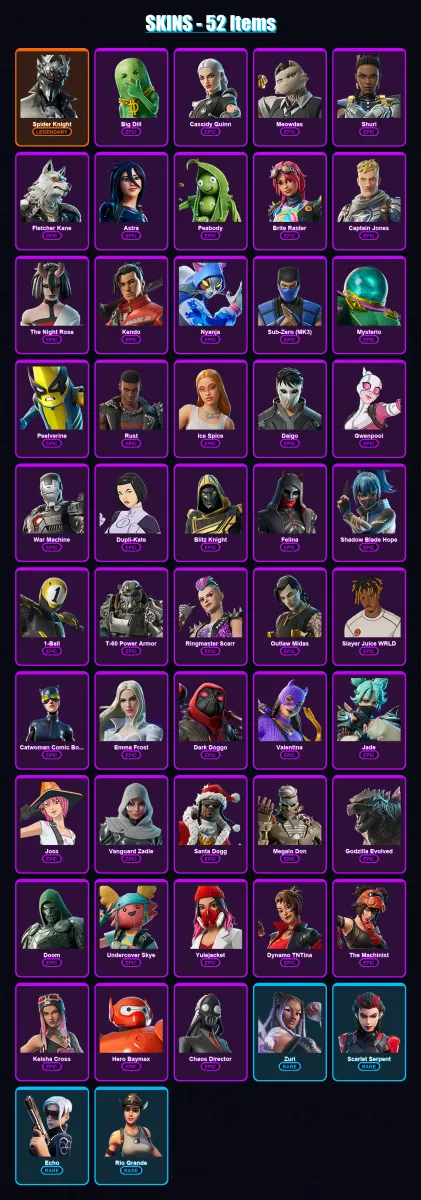 [PC/XBOX/PSN] | Spider Knight | Big Dill | Cassidy Quinn | Meowdas | Shuri | 52 skin | 92 pickaxe | 52 emote | 59 glider | Lv1403