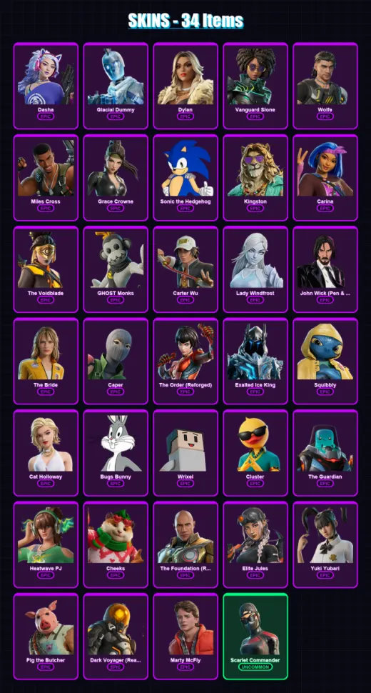 [PC/PSN] | Dasha | Glacial Dummy | Dylan | Vanguard Slone | Wolfe | 34 skin | 63 pickaxe | 37 emote | 47 glider | Lv481
