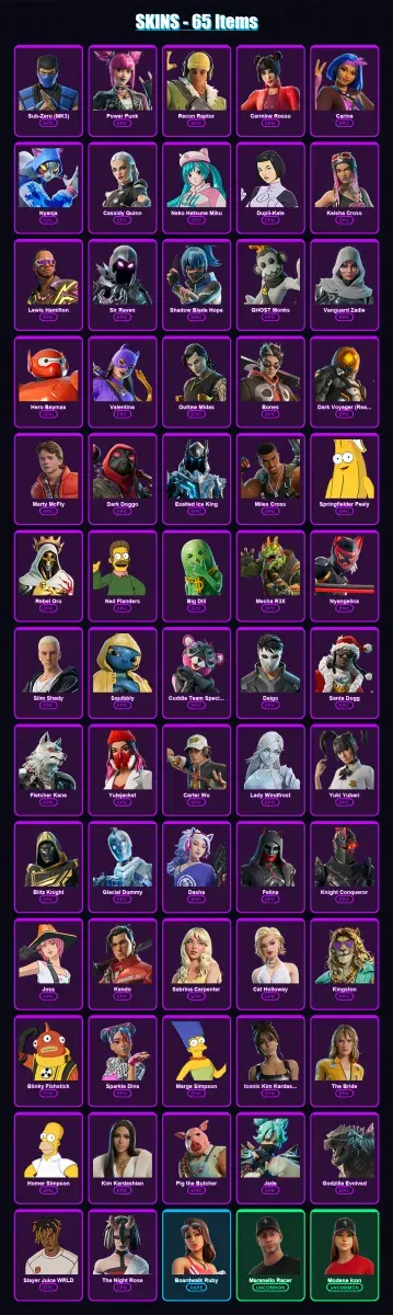 [PS4/PS5/XBOX/PC] | Sub-Zero (MK3) | Power Punk | Recon Raptor | Carmine Rosso | Carina | 65 skin | 106 pickaxe | 70 emote | 68 glider | Lv954