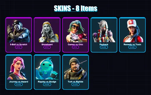 [PC/XBOX/PSN] | 8-Ball vs Scratch | Stoneheart | Cameo vs Chic | Payback | Remedy vs Toxin | 8 skin | 11 pickaxe | 14 emote | 11 glider | Lv147