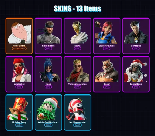 [PC/PSN] | Peter Griffin | Solid Snake | Nisha | Explorer Emilie | Montague | 13 skin | 18 pickaxe | 7 emote | 13 glider | Lv148