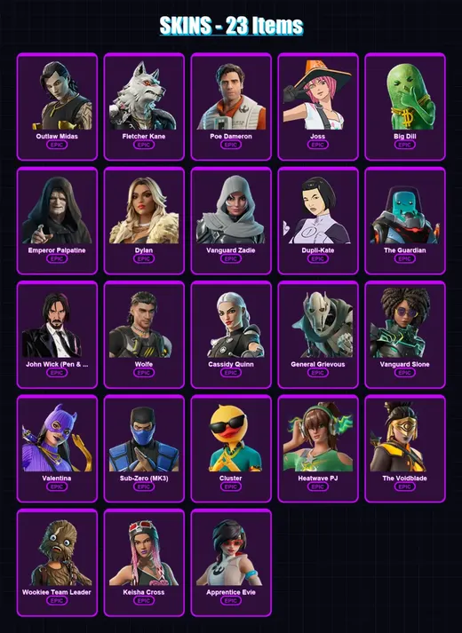 [PC/PSN] | Outlaw Midas | Fletcher Kane | Poe Dameron | Joss | Big Dill | 23 skin | 49 pickaxe | 30 emote | 37 glider | Lv686 — Game account