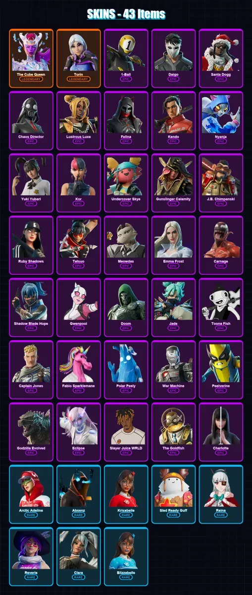[PC/XBOX] | The Cube Queen | Torin | 1-Ball | Daigo | Santa Dogg | 43 skin | 99 pickaxe | 52 emote | 70 glider | Lv1013
