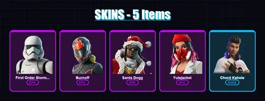 [PC/XBOX/PSN] | First Order Stormtrooper | Burnoff | Santa Dogg | Yulejacket | Chord Kahele | 5 skin | 23 pickaxe | 9 emote | 19 glider | Lv188