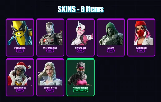 [PS4/PS5/XBOX/PC] | Peelverine | War Machine | Gwenpool | Doom | Yulejacket | 8 skin | 15 pickaxe | 10 emote | 12 glider | Lv114