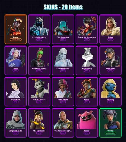 [PC/XBOX] | Blaze | Exalted Ice King | The Guardian | The Order (Reforged) | Dylan | 20 skin | 59 pickaxe | 30 emote | 40 glider | Lv744 — Game account