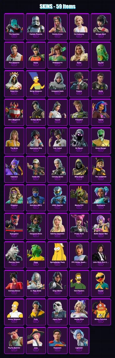 [PC/XBOX/PSN] | The Guardian | Captain Phasma | Keisha Cross | Cat Holloway | Morgan Myst | 59 skin | 119 pickaxe | 78 emote | 74 glider | Lv1671