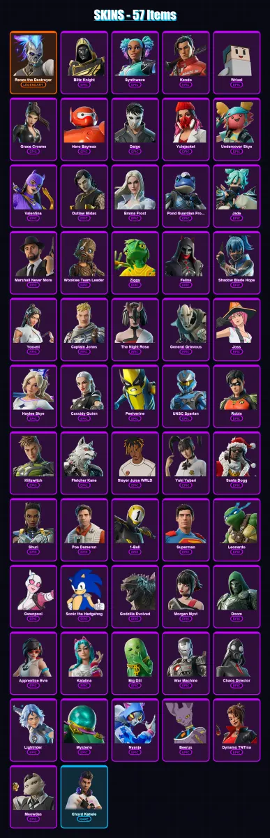 [PS4/PS5/XBOX/PC] | Renzo the Destroyer | Blitz Knight | Synthwave | Kendo | Wrixel | 57 skin | 105 pickaxe | 57 emote | 70 glider | Lv893