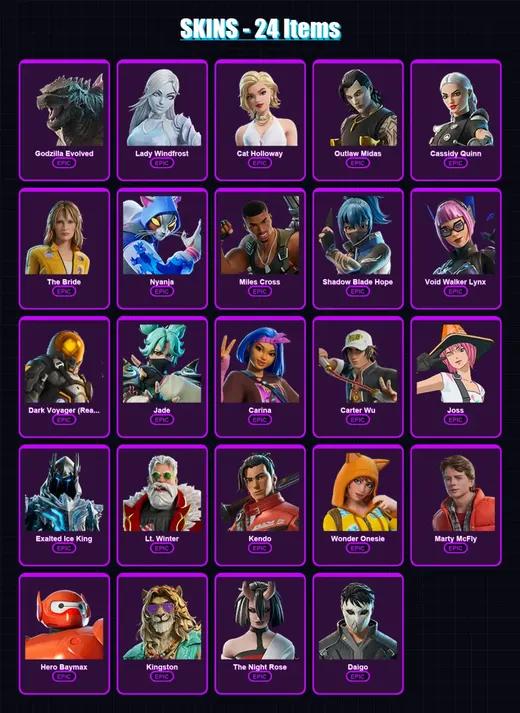 [PC/XBOX/PSN] | Godzilla Evolved | Lady Windfrost | Cat Holloway | Outlaw Midas | Cassidy Quinn | 24 skin | 45 pickaxe | 34 emote | 42 glider | Lv42 — Game account