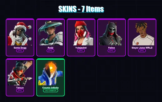 [PC/XBOX] | Santa Dogg | Ryūji | Yulejacket | Felina | Slayer Juice WRLD | 7 skin | 37 pickaxe | 18 emote | 26 glider | Lv485
