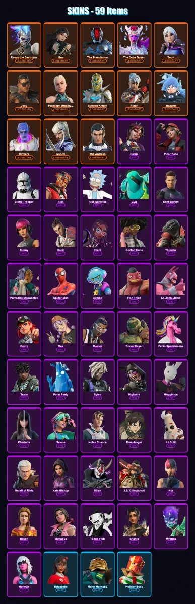 [PC] | Renzo the Destroyer | Era | The Foundation | The Cube Queen | Torin | 59 skin | 90 pickaxe | 53 emote | 78 glider | Lv958