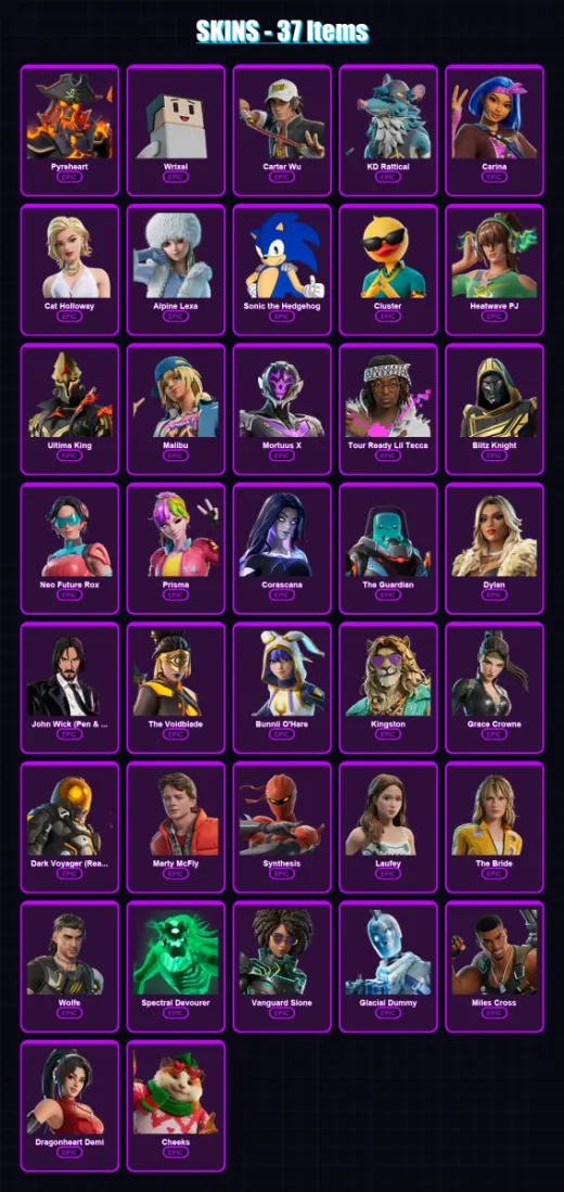 [PC/PSN] | Pyreheart | Wrixel | Carter Wu | KD Rattical | Carina | 37 skin | 69 pickaxe | 42 emote | 49 glider | Lv494 — Game account