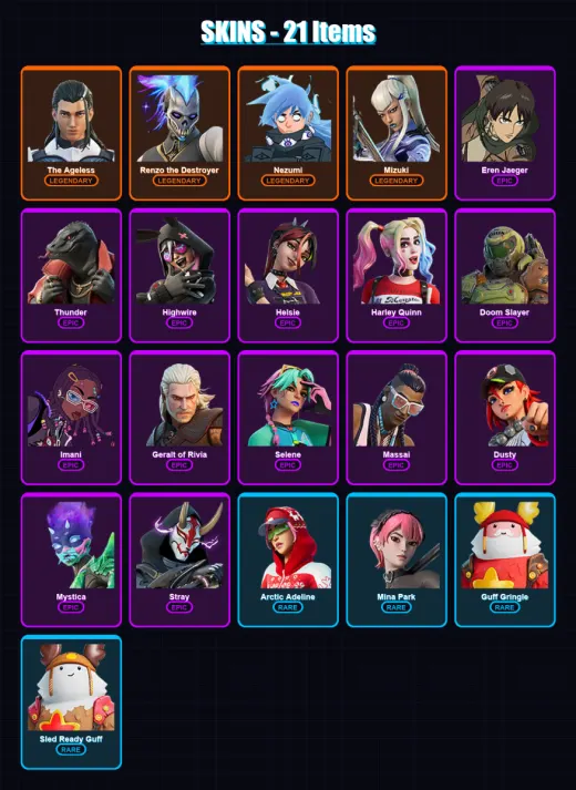 [PC/XBOX/PSN] | The Ageless | Renzo the Destroyer | Nezumi | Mizuki | Eren Jaeger | 21 skin | 29 pickaxe | 27 emote | 29 glider | Lv390