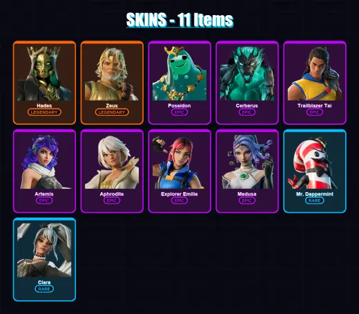 [PS4/PS5/XBOX/PC] | Hades | Zeus | Poseidon | Cerberus | Trailblazer Tai | 11 skin | 12 pickaxe | 7 emote | 7 glider | Lv141