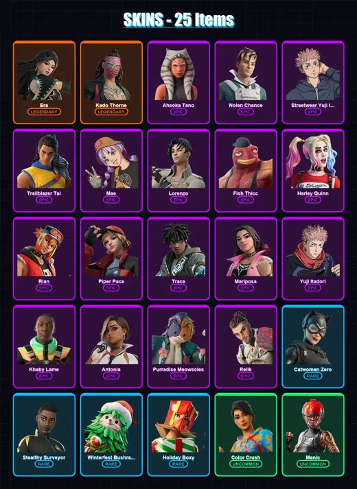 [PC/XBOX/PSN] | Era | Kado Thorne | Ahsoka Tano | Nolan Chance | Streetwear Yuji Itadori | 25 skin | 23 pickaxe | 25 emote | 22 glider | Lv265