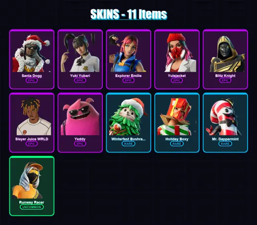 [PC/PSN] | Santa Dogg | Yuki Yubari | Explorer Emilie | Yulejacket | Blitz Knight | 11 skin | 54 pickaxe | 24 emote | 37 glider | Lv522 — Game account