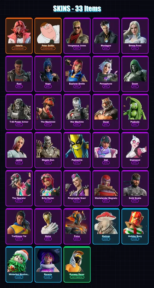 [PC/PSN] | Valeria | Peter Griffin | Vengeance Jones | Montague | Emma Frost | 33 skin | 32 pickaxe | 31 emote | 31 glider | Lv344 — Game account