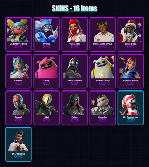 [PC/XBOX/PSN] | Undercover Skye | Nyanja | Yulejacket | Slayer Juice WRLD | Santa Dogg | 16 skin | 37 pickaxe | 14 emote | 18 glider | Lv191