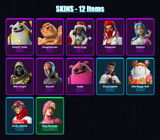 [PC] | Kickoff Yeddy | Doughberman | Santa Dogg | Yulejacket | Katalina | 12 skin | 46 pickaxe | 19 emote | 29 glider | Lv563
