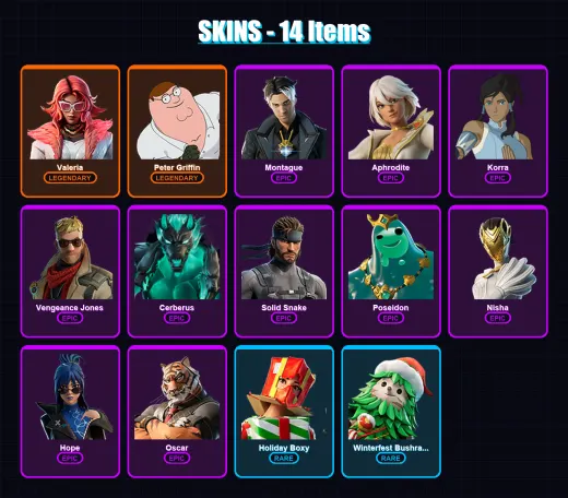 [PC/XBOX] | Valeria | Peter Griffin | Montague | Aphrodite | Korra | 14 skin | 18 pickaxe | 19 emote | 18 glider | Lv210