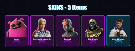 [PS4/PS5/XBOX/PC] | Yeddy | Dueling Dragons Jackie | Burnoff | Blitz Knight | Chord Kahele | 5 skin | 49 pickaxe | 21 emote | 38 glider | Lv460