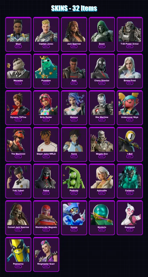 [PC/PSN] | Shuri | Captain Jones | Jack Sparrow | Doom | T-60 Power Armor | 32 skin | 50 pickaxe | 39 emote | 36 glider | Lv470