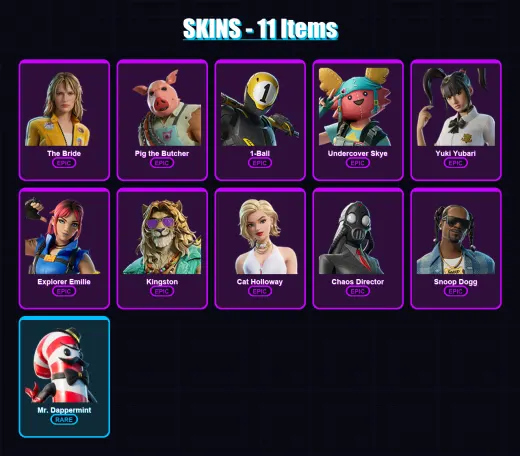 [PC/XBOX/PSN] | The Bride | Pig the Butcher | 1-Ball | Undercover Skye | Yuki Yubari | 11 skin | 36 pickaxe | 23 emote | 20 glider | Lv205