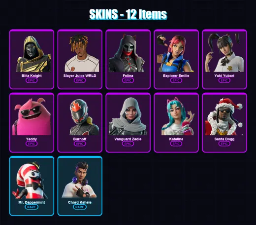 [PC/PSN] | Blitz Knight | Slayer Juice WRLD | Felina | Explorer Emilie | Yuki Yubari | 12 skin | 56 pickaxe | 22 emote | 28 glider | Lv463