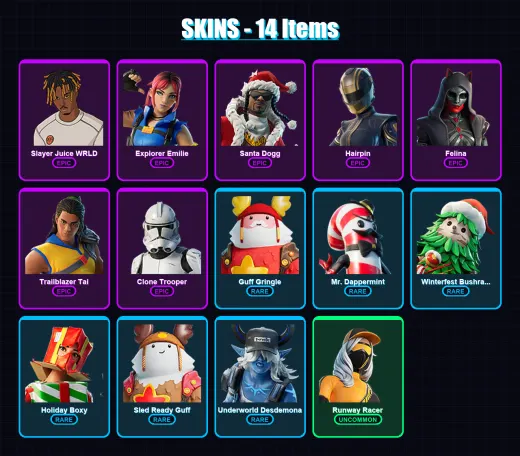 [PC/XBOX/PSN] | Slayer Juice WRLD | Explorer Emilie | Santa Dogg | Hairpin | Felina | 14 skin | 35 pickaxe | 21 emote | 32 glider | Lv639